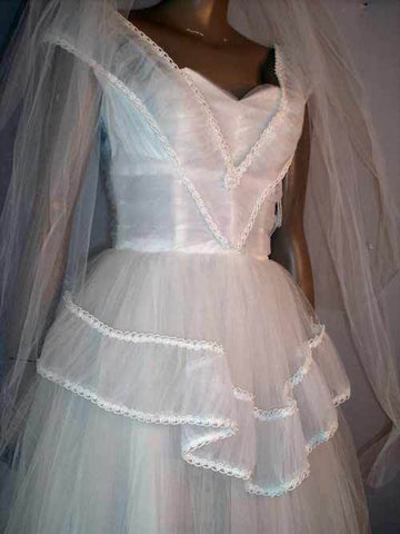 Vintage 50's White Shelf Bust Ballerina Length Prom Wedding Gown S Small 32B