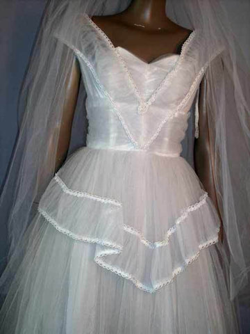 Vintage 50's White Shelf Bust Ballerina Length Prom Wedding Gown S Small 32B