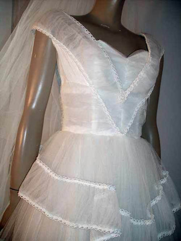 Vintage 50's White Shelf Bust Ballerina Length Prom Wedding Gown S Small 32B